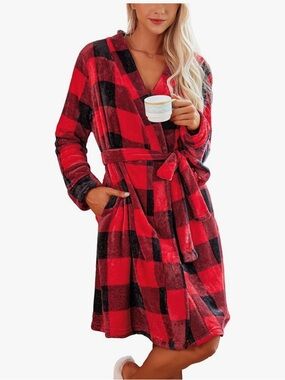 Ekouaer Plush Buffalo Check Robe - Red/Black